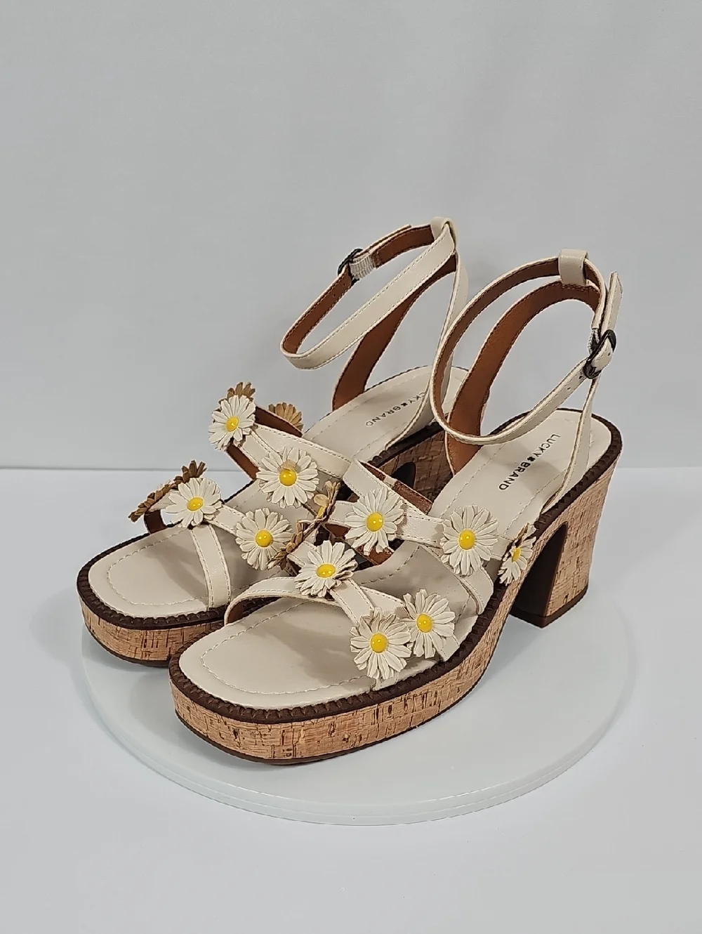 NIB Lucky Brand Taiza Daisy Floral Platform Sandals Cork Block Heel Cream 11